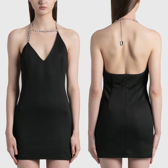 AREA Asymmetrical Crystal Halter Mini Dress Black Size 2 NWT - Picture 2 of 11